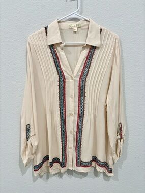 Nurture‎ Pleated Embellished Aztec Button Down Large Tribal Boho Western Chic